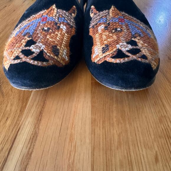 Stubbs & Wootton Black Velvet Needlepoint Horse Equestrian Loafer Flats Sz 8 - Picture 9 of 12